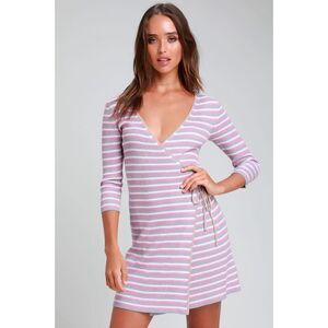 Lulus Supremely Sara Taupe Multi Striped Sweater Wrap Dress